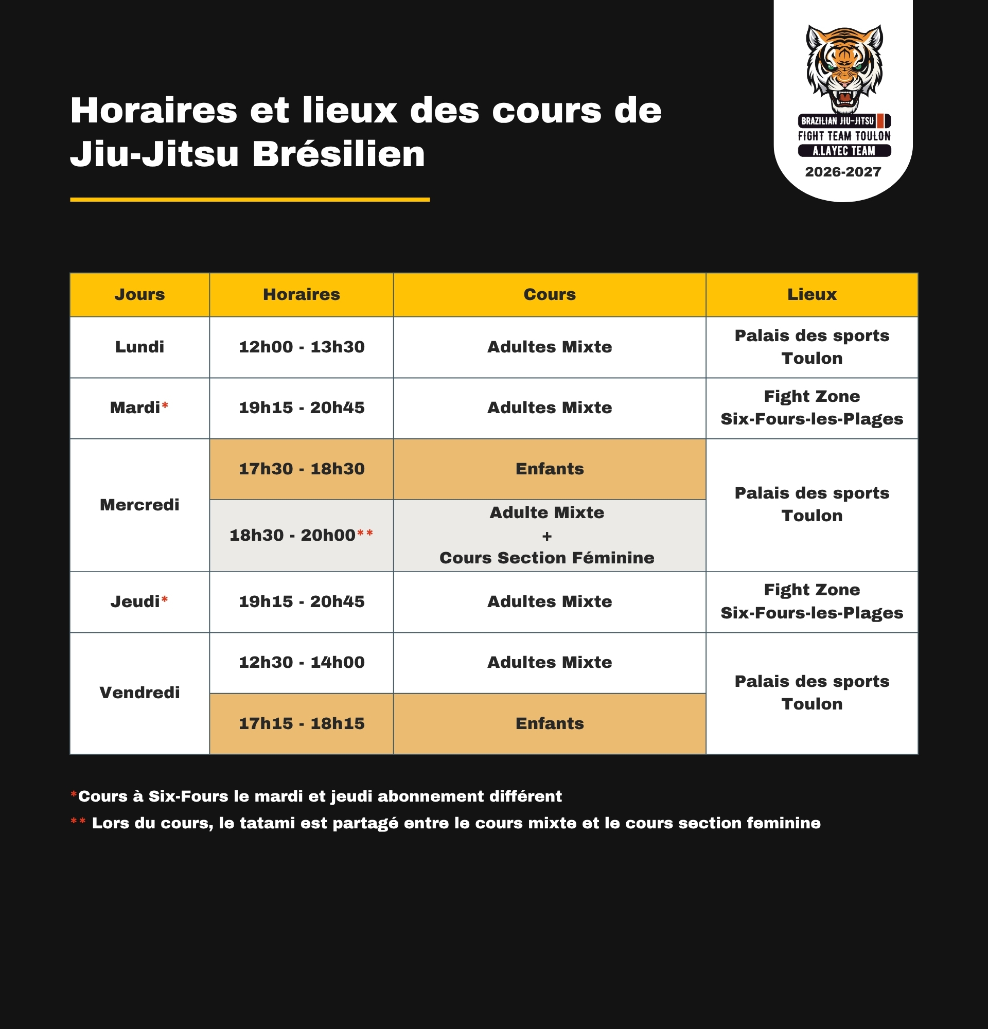 Planning Fight Team Toulon JJB Jiu-Jitsu Brazilian Adulte Enfant 2026 2027